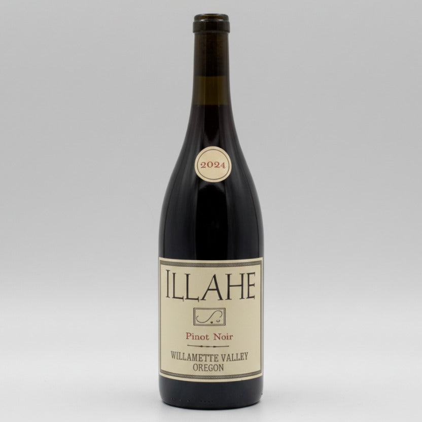A bottle of ILLAHE Willamette Valley Pinot Noir red wine, featuring a dark glass bottle with a cream-colored label and a gold seal indicating the year 2024.
