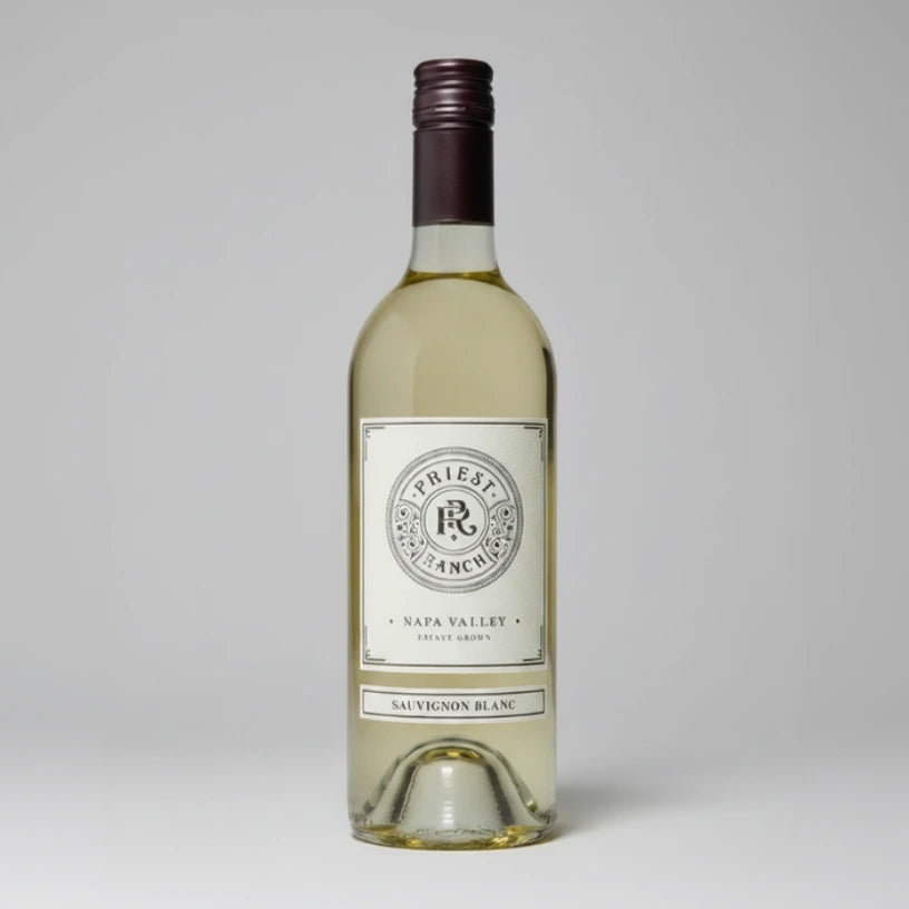 Bottle of Priest Ranch Sauvignon Blanc wine with a visible label.
