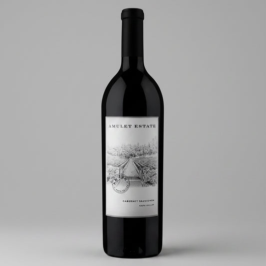 Wine bottle with 'Amulet Estate' label on a white background