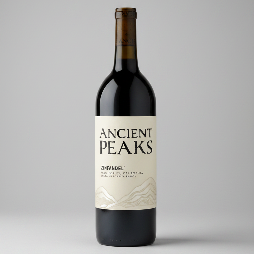 Bottle of Ancient Peaks Zinfandel wine with a label on a white background