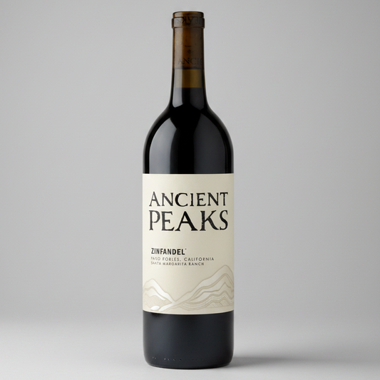 Bottle of Ancient Peaks Zinfandel wine with a label on a white background