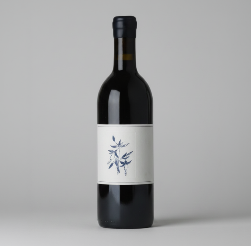 Red wine bottle with a white label featuring blue graphics on a black background