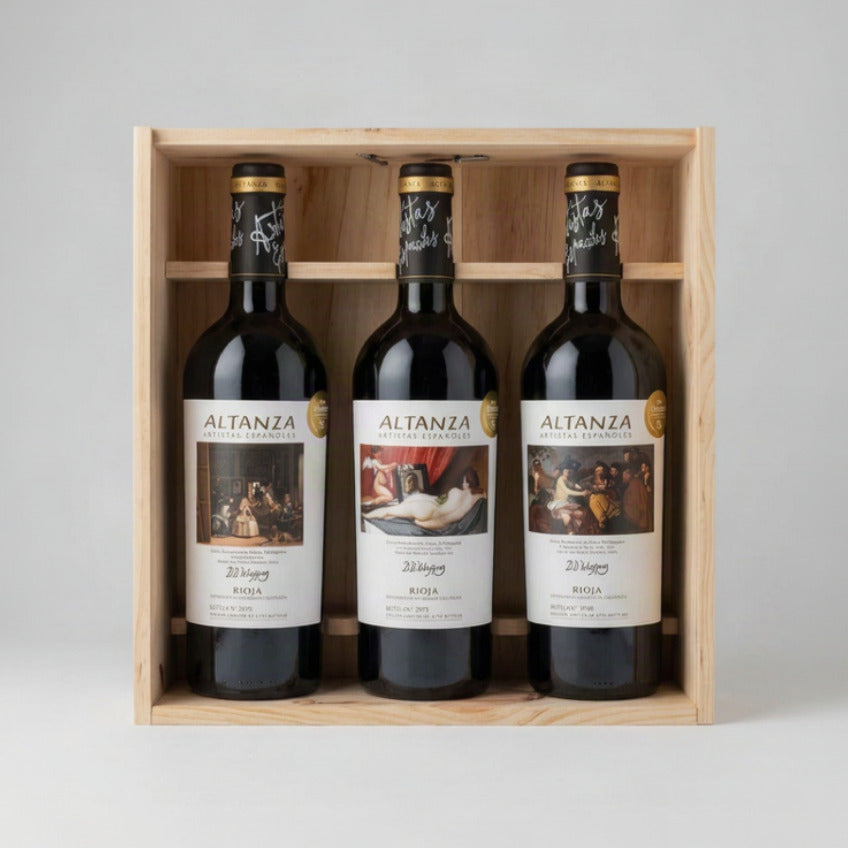 Bodegas Altanza Artistas Españoles Velázquez Rioja Reserva 2011 red wine bottle featuring Diego Velázquez Las Meninas artwork, Spain