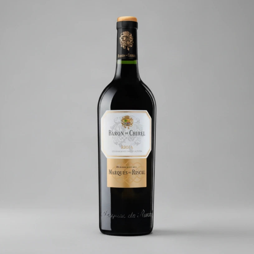 A bottle of Baron Chirel Rioja red wine, featuring a dark glass bottle with a cream and gold label, and a black neck wrap with gold detailing, isolated on a white background.