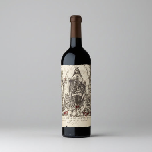 A bottle of Catena Zapata Malbec Argentino red wine with a detailed, vintage-style label.