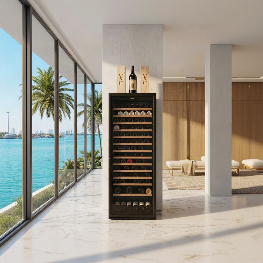 Luxury wine cooler stocked with a curated selection of wines in a South Florida waterfront penthouse overlooking the Intracoastal Waterway.