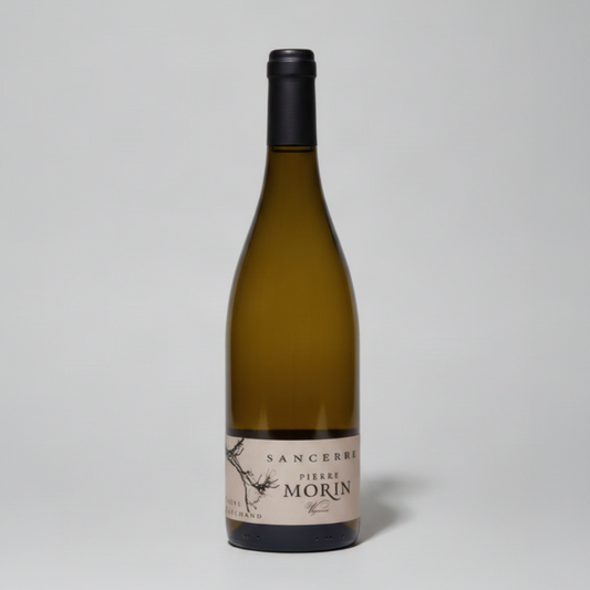 A bottle of Sancerre Pierre Morin white wine with a pale yellow-green glass bottle, a black screw cap, and a cream-colored label featuring a black bird illustration.