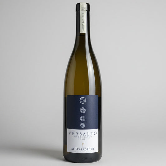 A bottle of Lageder Versalto Pinot Bianco with a white backdrop