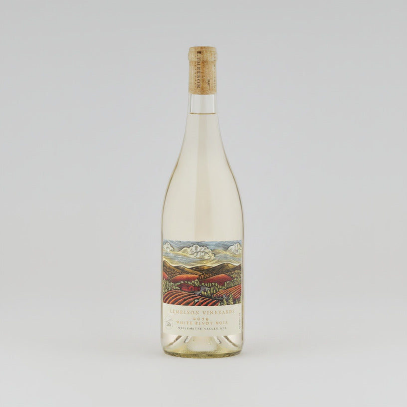Wine bottle with a scenic label on a white background
