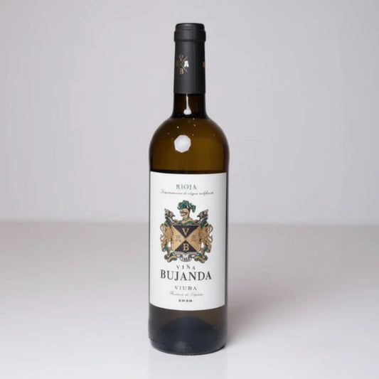 Wine bottle with 'Vina Bujanda' label on a white background